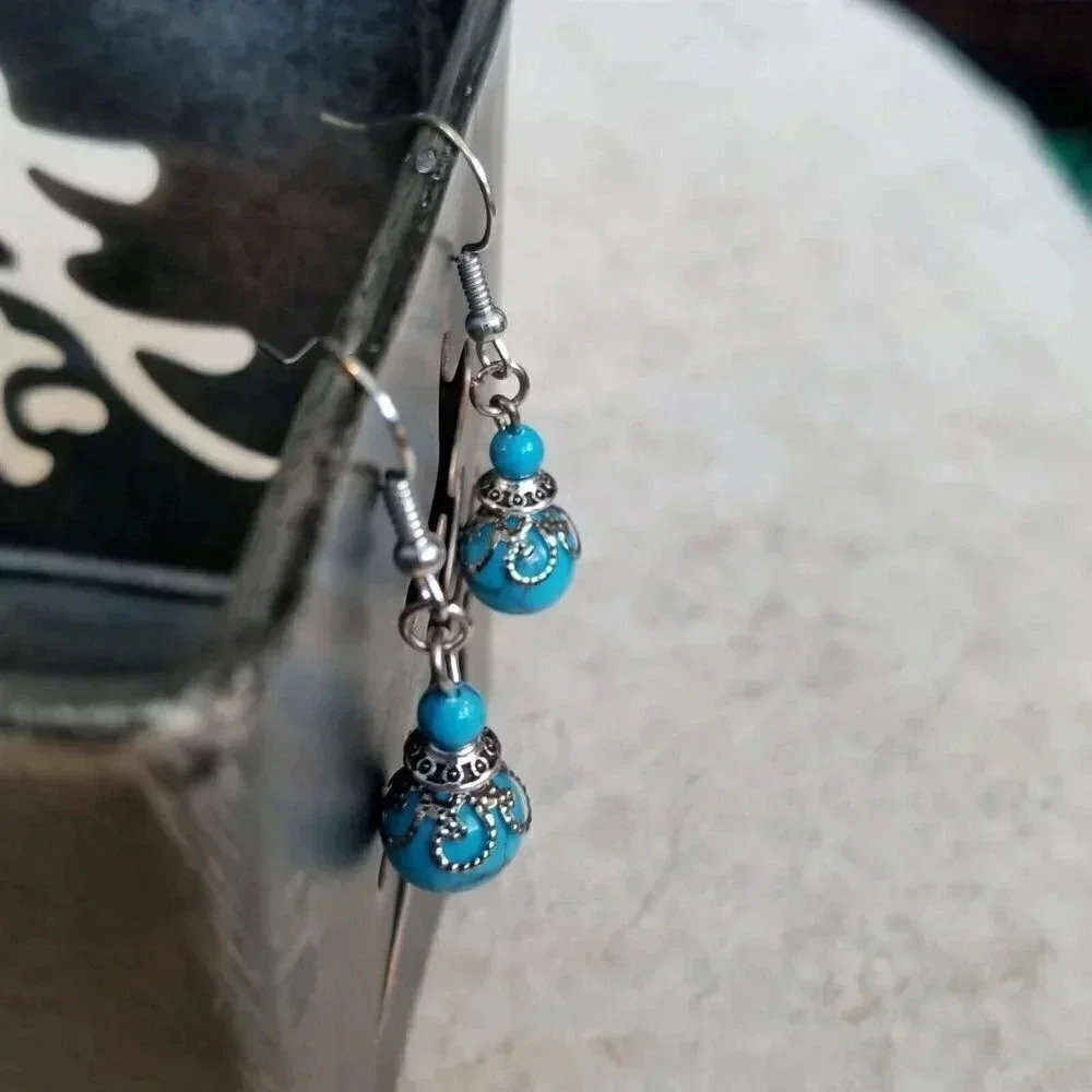 Handmade Turquoise Victorian Lace Art Nouveau Gemstone Bead Drop Earrings - Picture 4 of 7